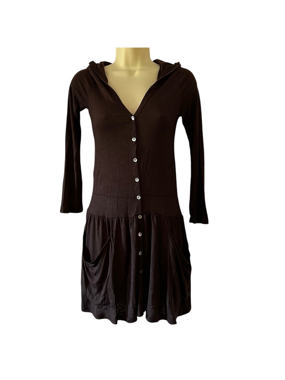 Mar-Q Brown Lightweight Knit Dress with Hood Junior Size Small Pockets